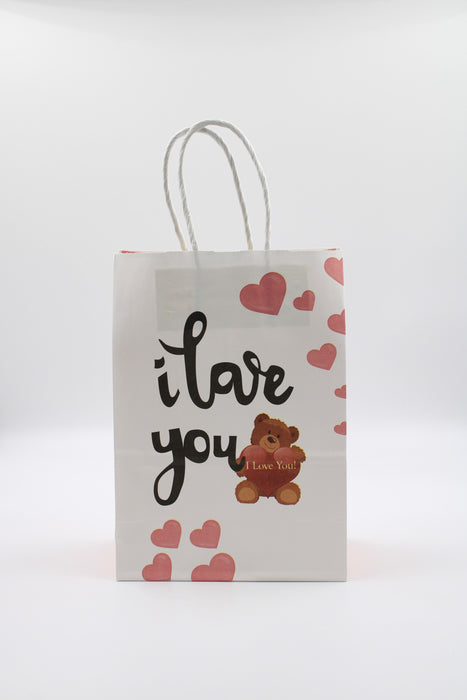 Paquete de bolsa para regalo decoradas con diseño de oso amoroso I Love You. Color blanco. 12 piezas