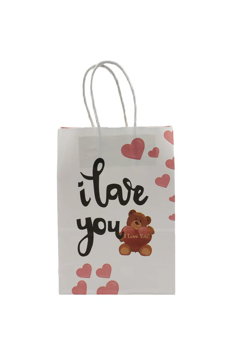 Paquete de bolsa para regalo decoradas con diseño de oso amoroso I Love You. Color blanco. 12 piezas