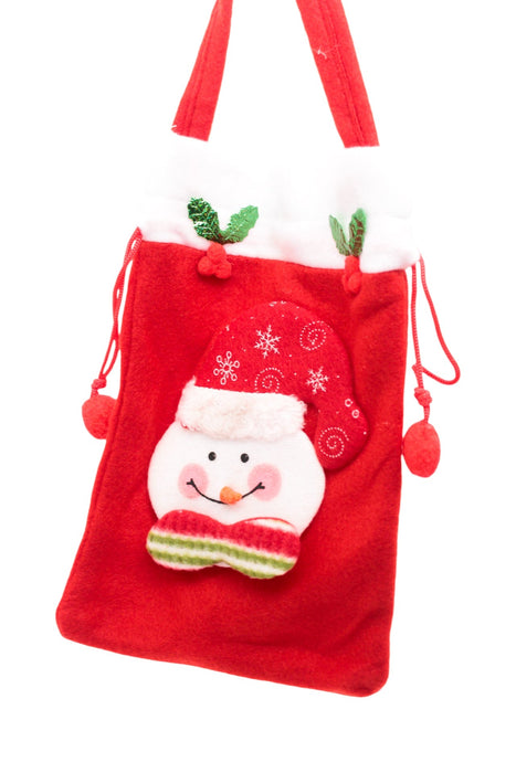 Bolsa para dulces de tela navideña con decoracion de muñeco de nieve en color rojo