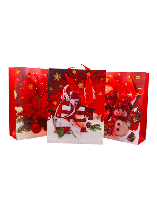 Paquete de 12 bolsas de regalo en color rojo con blanco e imágenes festivos de navidad con efecto 3d y adiamantados