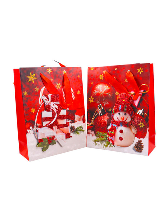 Paquete de 12 bolsas de regalo en color rojo con blanco e imágenes festivos de navidad con efecto 3d y adiamantados