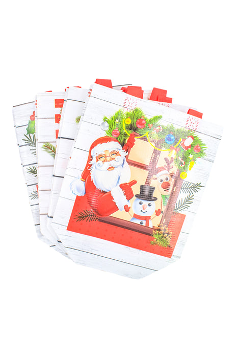 Pack de 12 bolsas de tela ecológica plastificada de color blanco con diseño de santa con reno y muñeco de nieve