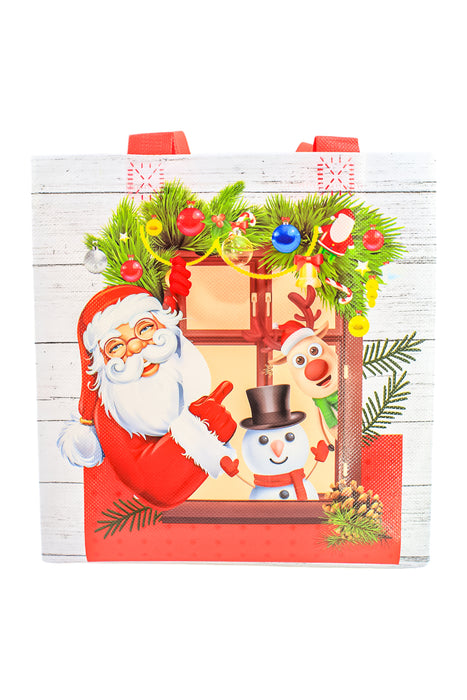 Pack de 12 bolsas de tela ecológica plastificada de color blanco con diseño de santa con reno y muñeco de nieve