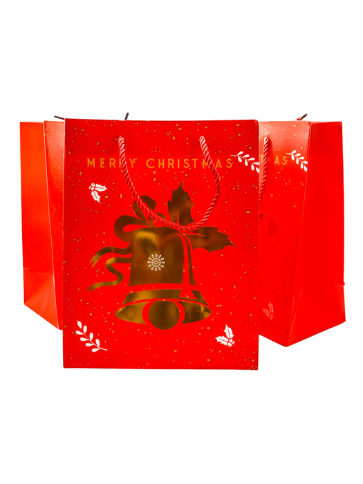 Paquete de 12 bolsas rojas tematicas de navidad con imagen de campana en efecto metalico