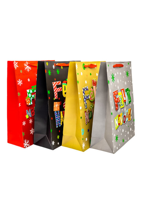 Paquete de 12 bolsas de regalo con leyenda de feliz navidad en colores y modelos varios