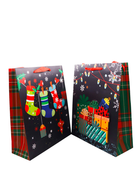 Paquete de 12 bolsas de regalo con estampado de navidad en color negro en medida mediana