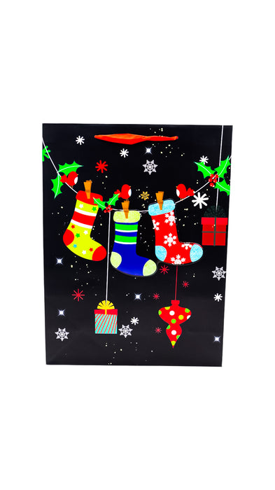 Paquete de 12 bolsas de regalo con estampado de navidad en color negro en medida grande