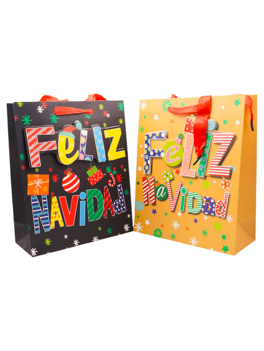 Paquete de 12 bolsas de regalo en colores surtidos con frase de feliz navidad en efecto 3d con glitter