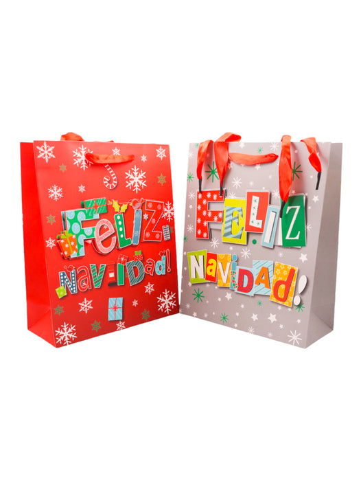 Paquete de 12 bolsas de regalo en colores surtidos con frase de feliz navidad en efecto 3d con glitter