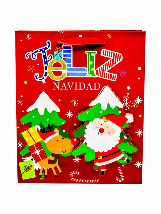 Bolsa de regalo navideña diseño festivo en cartón mate y frase de feliz navidad