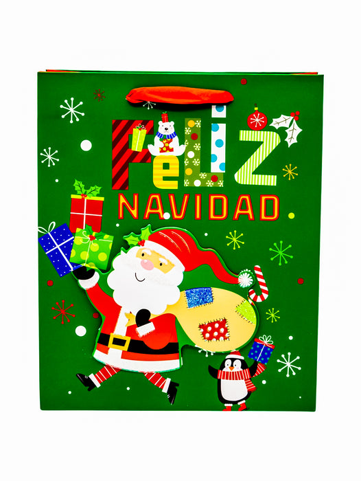 Bolsa de regalo navideña diseño festivo en cartón mate y frase de feliz navidad