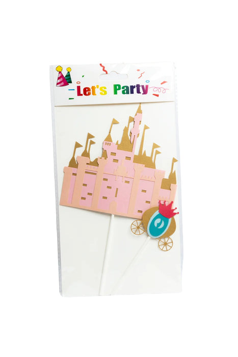 Adorno para pastel infantil diseño castillo encantado y carruaje en color rosa con detalles dorados