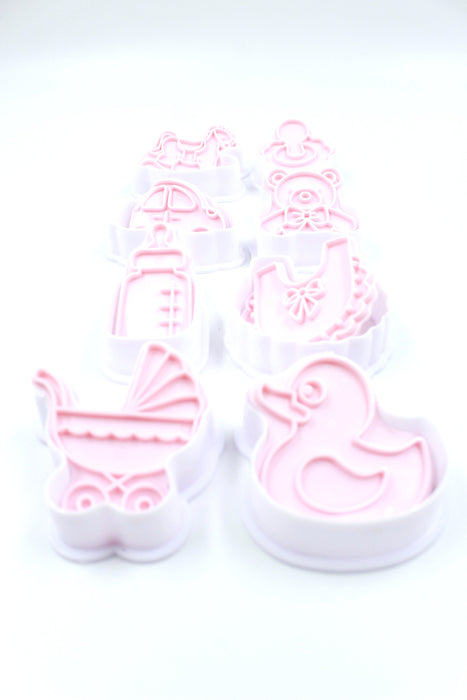 Set de moldes de galleta para baby shower color rosa 8 piezas.