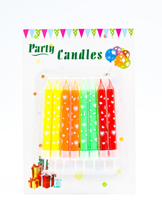 Conjunto de 8 velas para pastel y fiesta en colores surtidos en tono neon con estampado de corazones