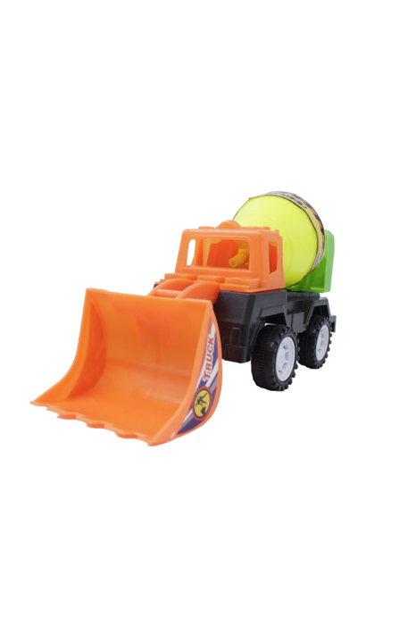 Camion de juguete revolvedora de concreto con garra en color naranja con verde