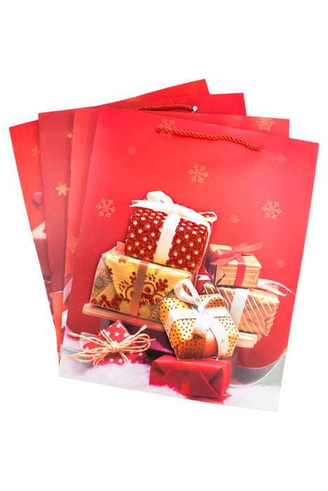 Paquete de 12 bolsas de regalo con distintos diseños navideños en color rojo