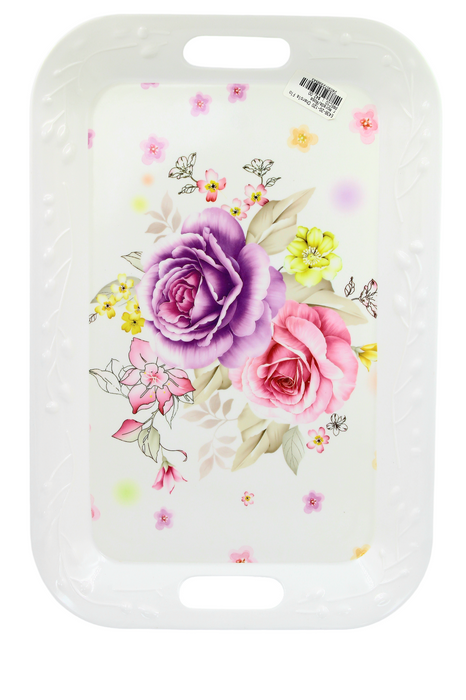 Bandejas rectangular de plástico color blanco con detalles en flores para servicio de mesa