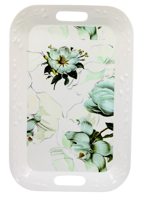 Bandejas rectangular de plastico color blanco con detalles en flores para servicio de mesa