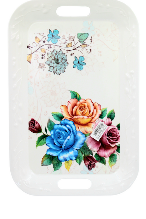 Bandejas rectangular de plástico color blanco con detalles en flores para servicio de mesa