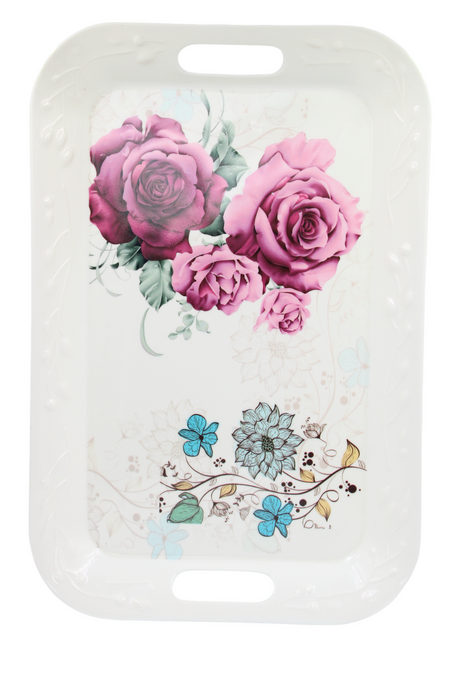 Bandejas rectangular de plastico color blanco con detalles en flores para servicio de mesa