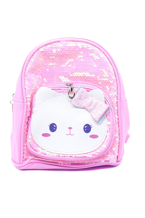 Mochila con acabado de lentejuela con carita de gatito en colores varios