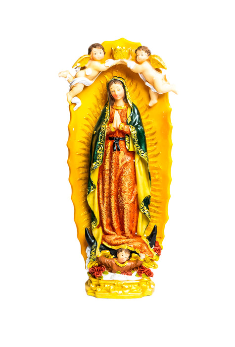 Escultura religiosa de la virgen de guadalupe con querubines para decoración