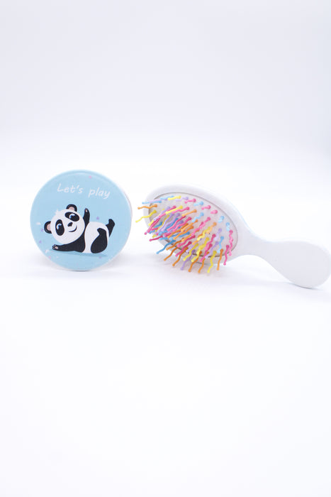 Set infantil de cepillo con cerdas suaves multicolor y espejo compacto con diseño de panda